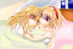  2girls alice_margatroid bed blonde_hair blue_eyes blush braid chi-chi couple full_moon hairband holding_hands hug interlocked_fingers kirisame_marisa long_hair moon multiple_girls no_hat open_mouth side_braid touhou window yellow_eyes yuri 