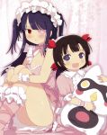  2girls :d :o absurdres black_hair blush brown_hair eyepatch flat_chest flower-shaped_pupils highres kagura_(senran_kagura) lolita_fashion long_hair maid_headdress mirai_(senran_kagura) multiple_girls no_nipples official_art open_mouth outline pink_ribbon red_eyes ribbon senran_kagura senran_kagura_(series) sitting smile stuffed_animal stuffed_toy symbol-shaped_pupils two_side_up wrist_cuffs yaegashi_nan 