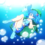  1girl adapted_costume backpack bag bare_arms blue_dress blue_eyes blue_hair boots bubble cato_(monocatienus) dress hair_bobbles hair_ornament hat kawashiro_nitori key outstretched_arm outstretched_hand rubber_boots sleeveless sleeveless_dress smile solo touhou twintails 