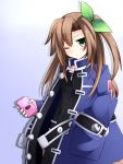  1girl brown_hair cellphone choujigen_game_neptune flat_chest green_eyes hair_ornament hand_in_pocket highres if_(choujigen_game_neptune) jacket neptune_(series) one_eye_closed open_clothes open_jacket oversized_clothes phone smartphone solo warabi_mochi_(ehimedaisuki) 