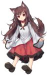  1girl animal_ears brooch brown_hair collar dress highres imaizumi_kagerou jewelry long_hair long_sleeves looking_at_viewer red_eyes shone simple_background solo tail touhou white_background wolf_ears wolf_tail 