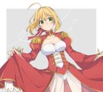  1girl ahoge blonde_hair blush breasts cleavage dress dress_lift embarrassed epaulettes fate/extra fate_(series) green_eyes grey_background red_dress saber_extra short_hair sobaya solo 