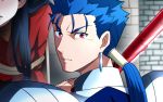  1boy blue_hair fate/stay_night fate_(series) gae_bolg highres lancer long_hair polearm ponytail red_eyes shimo_(s_kaminaka) spear tied_up toosaka_rin weapon 