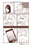  &gt;_&lt; cellphone closed_eyes comic commentary failure_penguin futon highres kantai_collection lying mittens monochrome moomin muppo musical_note northern_ocean_hime on_back outstretched_arms pajamas phone sazanami_konami silent_comic sleeping sleepy smartphone translated twitter_username under_covers 