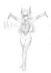  &gt;:) 1girl bodysuit boku_no_hero_academia character_name full_body graphite_(medium) highres horikoshi_kouhei long_hair mask mount_lady outstretched_arms simple_background solo traditional_media white_background 