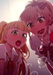  blonde_hair blush bow breath green_eyes hair_bow idolmaster idolmaster_cinderella_girls jougasaki_mika jougasaki_rika long_hair looking_at_viewer multiple_girls open_mouth pink_hair saliva saliva_trail siblings sisters tkhs tongue tongue_out twintails yellow_eyes 