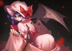  1girl bat_wings blue_hair fami_(yellow_skies) hat looking_back red_eyes remilia_scarlet short_hair skirt_hold smile solo touhou wings 