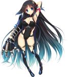  1girl arm_behind_back armlet armpits bangs bindi black_hair blue_eyes boots breasts cleavage covered_navel full_body gauntlets gradient_hair hair_ornament hatori_piyoko highleg highleg_leotard leotard long_hair looking_at_viewer multicolored_hair nefertia_demonar_odinus official_art pigeon-toed side_cutout simple_background skin_tight smile solo standing thigh-highs thigh_boots very_long_hair white_background yoroi_no_himegimi-tachi 