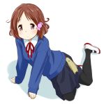  1girl brown_eyes brown_hair candy_wrapper makino_kanna pantyhose retsu_maru school_uniform shoes short_hair sitting sweater tamako_market uwabaki yokozuwari 