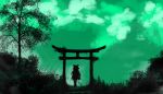  1girl akyuun clouds gohei hair_ribbon hakurei_reimu long_hair overgrown ribbon silhouette skirt solo torii touhou tree 