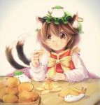  1girl :3 :t animal_ears brown_eyes brown_hair cat_ears cat_tail chen commentary_request eating food_in_mouth green_hat ibarashiro_natou jewelry mob_cap multiple_tails nekomata short_hair single_earring solo tail touhou two_tails 