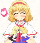  1girl alice_margatroid altas apron ascot blonde_hair blush braid capelet closed_eyes hairband heart kirisame_marisa long_hair short_hair side_braid smile touhou waist_apron 