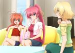  3girls :d ahoge bare_shoulders belt blonde_hair blue_eyes blush braid breasts camisole collarbone couch crop_top denim denim_shorts diesel-turbo earrings flat_chest groin hair_ribbon hoop_earrings jewelry large_breasts long_hair lyrical_nanoha mahou_shoujo_lyrical_nanoha mahou_shoujo_lyrical_nanoha_a&#039;s midriff multiple_girls open_mouth pink_hair ponytail redhead ribbon shamal shiny shiny_hair short_hair shorts signum sitting skirt smile twin_braids violet_eyes vita 