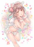  1girl bikini bow breasts brown_eyes brown_hair bunny_tail dsmile flower frilled_bikini frills hair_bow hair_rings hands_on_own_face long_hair looking_at_viewer love_live!_school_idol_project minami_kotori open_mouth rectangle side_ponytail solo swimsuit tail wings 