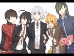  5boys ^_^ black_hair blonde_hair blue_eyes blush book closed_eyes green_eyes green_hair hair_over_one_eye honebami_toushirou horikawa_kunihiro kamekichi multiple_boys namazuo_toushirou nikkari_aoe one_eye_closed open_book open_mouth smile toruglose touken_ranbu track_suit turtle urashima_kotetsu v violet_eyes white_hair 