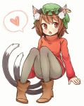  1girl :o animal_ears ankle_boots blush boots brown_hair cat_ears cat_tail chen contemporary fang heart ibarashiro_natou jewelry leggings looking_at_viewer multiple_tails open_mouth red_eyes short_hair single_earring sitting solo spoken_heart sweater tail touhou turtleneck two_tails 