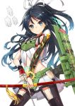  1girl armor black_hair blue_eyes bow_(weapon) hair_ribbon highres kantai_collection katsuragi_(kantai_collection) long_hair midriff moriki ponytail remodel_(kantai_collection) ribbon smile solo weapon 