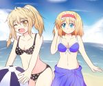  2girls alice_margatroid altas alternate_hairstyle beach bikini blonde_hair blue_eyes blush braid couple fang hairband kirisame_marisa multiple_girls one_eye_closed open_mouth ponytail side_braid smile swimsuit touhou yellow_eyes 