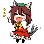  &gt;_&lt; 1girl :d animal_ears black_legwear brown_hair cat_ears cat_tail chen fang green_hat jewelry kuroi-neko long_sleeves multiple_tails nekomata open_mouth short_hair simple_background single_earring smile solo tail touhou two_tails white_background xd 