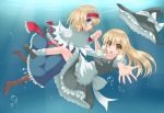  2girls alice_margatroid apron blonde_hair blue_eyes boots braid capelet couple hairband hat hat_removed headwear_removed holding_hands kirisame_marisa long_hair mary_janes multiple_girls open_mouth sash shoes short_hair side_braid smile socks touhou underwater waist_apron warabimochi_(wasabi) witch_hat yellow_eyes yuri 