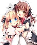  2girls :o black_legwear blonde_hair blue_eyes blush breasts brown_hair hair_ribbon hug hug_from_behind long_hair looking_at_viewer maid maid_headdress multiple_girls original pan_(mimi) ribbon star stuffed_animal stuffed_bunny stuffed_toy thigh-highs white_legwear wrist_cuffs 