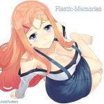  1girl barefoot blue_eyes breasts large_breasts long_hair looking_at_viewer marcia_(plastic_memories) orange_hair plastic_memories ribbon sitting smile solo sts 