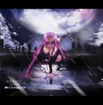  1girl absurdres blindfold breasts chain collar dagger elbow_gloves facial_mark fate/stay_night fate_(series) forehead_mark full_moon gloves highres letterboxed long_hair lucky_(1045044604) moon purple_hair rain rider sleeveless solo very_long_hair weapon 