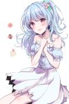  1girl :d bang_dream! bangs bare_shoulders blue_hair blue_shirt blush checkerboard_cookie cookie detached_sleeves eyebrows_visible_through_hair flower food frilled_sleeves frills hair_flower hair_ornament hands_on_own_chest hands_together light_blue_hair long_hair looking_at_viewer matsubara_kanon one_side_up open_mouth shirt simple_background sitting skirt smile solo sotsunaku strawberry_shortcake violet_eyes white_background white_skirt 