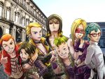  ;) arm_around_neck black_hair black_sclera blonde_hair blue_eyes blue_hair building chin_rest formaggio ghiaccio glasses green_eyes green_hair hands_in_pockets hat illuso izumiizm jojo_no_kimyou_na_bouken melone one_eye_closed orange_hair pesci prosciutto red_eyes risotto_nero sky smile thumbs_up tongue tongue_out violet_eyes 