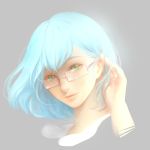  1girl adjusting_hair blue_hair glasses green_eyes grey_background lips looking_at_viewer original orry portrait short_hair simple_background smile solo 