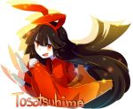  1girl animal_ears bangs black_hair blush character_name fang japanese_clothes kimono knife long_hair mary_(14476764) oounabara_to_wadanohara open_mouth orange_eyes payot rabbit_ears shadow smile solo tosatsuhime upper_body 