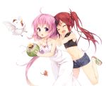  2girls closed_eyes crop_top dress fang koto_channel kotoha_(koto_channel) leaning_forward long_hair midriff multiple_girls navel open_mouth pink_eyes pink_hair ponytail redhead rito_(koto_channel) sandals senji_(tegone_spike) short_shorts shorts side_ponytail smile unbuttoned very_long_hair 