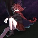  1girl ankle_boots arm_rest boots cape clouds covering_mouth grass knee_up long_sleeves looking_at_viewer miata_(pixiv) night purple_sky red_eyes redhead sekibanki short_hair sitting skirt solo touhou willow 