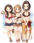 3girls 7010 ;d akanishi_erika bare_shoulders beach bikini blush braid breasts brown_eyes brown_hair cleavage ebihara_naho flower front-tie_top green_eyes hair_flower hair_ornament idolmaster idolmaster_cinderella_girls large_breasts long_hair looking_at_viewer mimura_kanako multiple_girls navel one_eye_closed open_mouth pointing pointing_at_viewer ponytail sandals sarong short_hair skirt smile swimsuit twin_braids v_arms 
