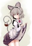  1girl alternate_costume animal animal_ears apron basket blush bowtie frills grey_hair highres ishikkoro long_sleeves looking_away maid maid_headdress mouse mouse_ears mouse_tail nazrin puffy_sleeves red_eyes shirt short_hair simple_background skirt skirt_lift solo tail thigh-highs touhou vest white_legwear zettai_ryouiki 