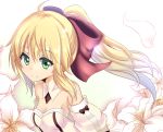  1girl ahoge bare_shoulders blonde_hair bow detached_sleeves fate/stay_night fate/unlimited_codes fate_(series) flower green_eyes hair_bow lily_(flower) mito_yoshihiro petals ponytail saber saber_lily solo 