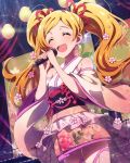  1girl ^_^ bare_shoulders blonde_hair closed_eyes emily_stewart idolmaster idolmaster_million_live! japanese_clothes long_hair microphone musical_note open_mouth singing smile solo twintails wireless 
