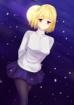  1girl ahoge arcueid_brunestud arms_behind_back black_cat_ronaldinho blonde_hair cross crucifix full_moon highres jewelry looking_at_viewer miniskirt moon necklace pantyhose red_eyes short_hair skirt smile solo turtleneck type-moon walking 