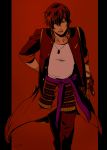  1boy jacket jewelry katana kusazuri male_focus mizuhara_aki necklace ookurikara open_clothes open_jacket open_mouth pillarboxed red_background sheath sheathed short_hair simple_background solo sword tattoo touken_ranbu walking weapon 