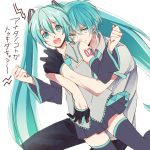  1boy 1girl aqua_hair detached_sleeves dual_persona female genderswap hatsune_miku hatsune_mikuo highres long_hair male mochigon necktie short_hair skirt smile thigh-highs twintails very_long_hair vocaloid 