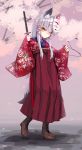  1girl animal_ears bell boots cherry_blossoms fox_ears fox_mask fox_tail full_body hair_ornament highres japanese_clothes jingle_bell katana kimono long_hair looking_at_viewer mask noconol original red_eyes silver_hair solo sword symbol-shaped_pupils tagme tail weapon 