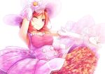  1girl dararito dress earrings elbow_gloves flower frilled_dress frills gloves hand_behind_head hat hat_flower jewelry love_live!_school_idol_project nishikino_maki one_eye_closed outstretched_hand pink_dress pink_gloves redhead ring simple_background smile solo violet_eyes white_background 