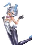  1girl animal_ears blue_eyes bowtie bunnysuit detached_collar gloves gundam gundam_build_fighters gundam_build_fighters_try highres karasuke_d kijima_shia pantyhose rabbit_ears short_hair silver_hair 