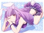  1girl ;) all_fours animal_ears blue_background bracelet breasts bunny_tail chuchu_(show_by_rock!!) curly_hair e20 jewelry lips long_hair looking_at_viewer one_eye_closed purple_hair rabbit_ears red_eyes show_by_rock!! smile solo star tail toenail_polish toenails 