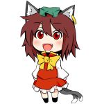  1girl :d animal_ears black_legwear brown_eyes brown_hair cat_ears cat_tail chen fang green_hat jewelry kuroi-neko long_sleeves multiple_tails nekomata open_mouth short_hair simple_background single_earring smile solo tail touhou two_tails white_background 