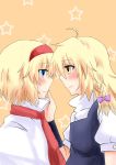  2girls ahoge alice_margatroid artist_request ascot blonde_hair blue_eyes blush capelet couple hairband hand_on_another&#039;s_cheek hand_on_another&#039;s_face highres kirisame_marisa long_hair multiple_girls no_hat short_hair smile star touhou yellow_eyes yuri 