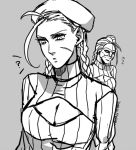  2girls ? ahoge antenna_hair beret breasts cammy_white cleavage_cutout decapre elina_kuroe_no_daarin garrison_cap hat huge_ahoge large_breasts mask monochrome multiple_girls open-chest_sweater ribbed_sweater scar sketch solo_focus street_fighter sweater turtleneck ultra_street_fighter_iv 