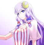  1girl breasts capelet cleavage crescent_hair_ornament dress gradient gradient_background hair_ornament hair_ribbon iwatobi_hiro large_breasts long_hair patchouli_knowledge purple_hair ribbon solo striped striped_dress touhou tress_ribbon upper_body violet_eyes 