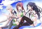  3girls amagi_(kantai_collection) arm_support armpits asymmetrical_clothes asymmetrical_hair bare_shoulders bent_knees black_hair black_legwear blue_eyes braid breasts brown_eyes brown_hair brown_legwear cleavage_cutout cloud_print clouds cloudy_sky crop_top crossed_legs flower green_legwear hair_flower hair_ornament hair_tousle kantai_collection katsuragi_(kantai_collection) large_breasts long_hair looking_at_viewer midriff mole mole_under_eye multiple_girls navel pleated_skirt ponytail remodel_(kantai_collection) shiroshimu short_sleeves siblings silver_hair single_braid single_elbow_glove sisters sitting skirt sky small_breasts smile thigh-highs thighs unryuu_(kantai_collection) very_long_hair yellow_eyes zettai_ryouiki 