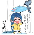  &gt;_&lt; +++ 1girl :d blue_hair blush_stickers boots chibi commentary_request hanauna highres kantai_collection long_hair open_mouth puddle rain raincoat samidare_(kantai_collection) simple_background smile solo translation_request umbrella very_long_hair white_background xd 